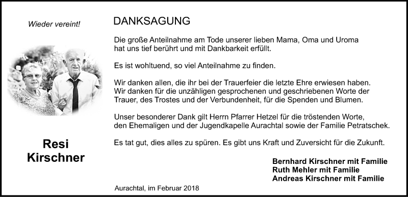  Traueranzeige für Resi Kirschner vom 03.03.2018 aus Nordbayerische Nachrichten Herzogenaurach Lokal