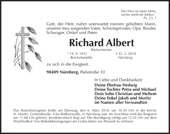 Traueranzeige von Richard Albert von Gesamtausgabe Nürnberger Nachrichten/ Nürnberger Ztg.