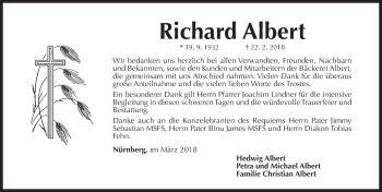 Traueranzeige von Richard Albert von Gesamtausgabe Nürnberger Nachrichten/ Nürnberger Ztg.