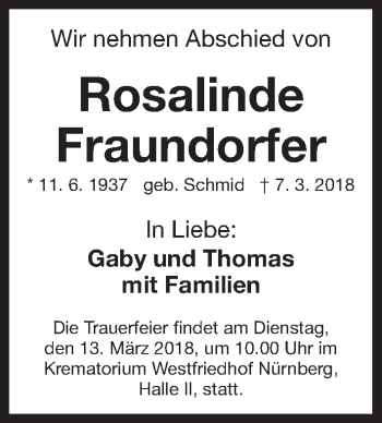 Traueranzeige von Rosalinde Fraundorfer von Gesamtausgabe Nürnberger Nachrichten/ Nürnberger Ztg.
