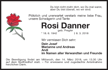 Traueranzeige von Rosi Danner von Gesamtausgabe Nürnberger Nachrichten/ Nürnberger Ztg.