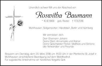 Traueranzeige von Roswitha Baumann von Neumarkter Nachrichten Lokal