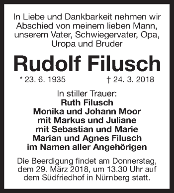 Traueranzeige von Rudolf Filusch von Gesamtausgabe Nürnberger Nachrichten/ Nürnberger Ztg.