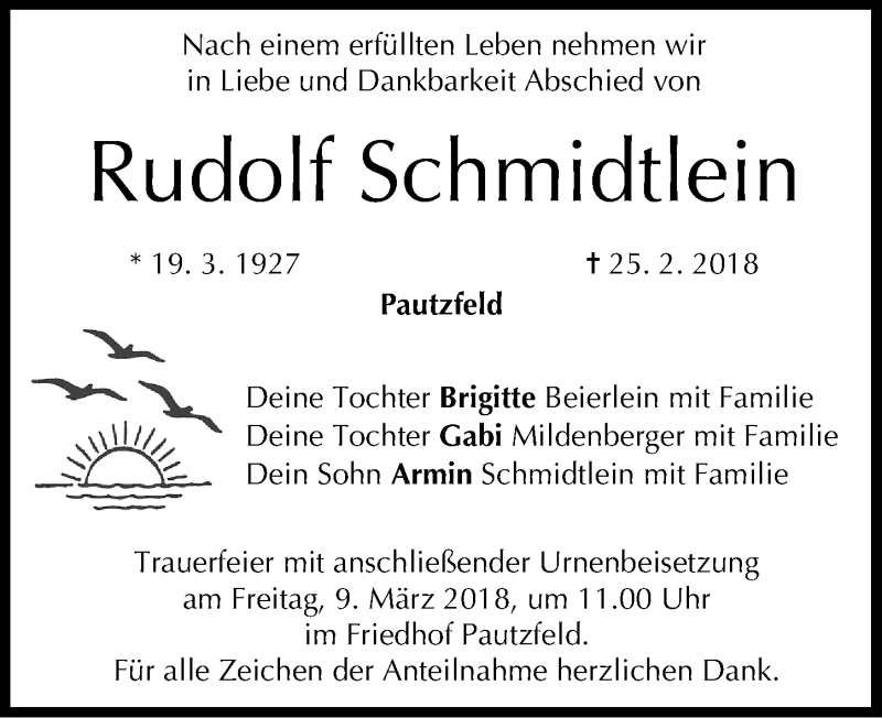 Traueranzeige für Rudolf Schmidtlein vom 07.03.2018 aus Nordbayerische Nachrichten Forchheim Lokal