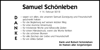 Traueranzeige von Samuel Schönleben von Schwabach