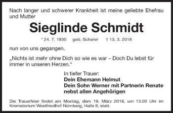 Traueranzeige von Sieglinde Schmidt von Gesamtausgabe Nürnberger Nachrichten/ Nürnberger Ztg.