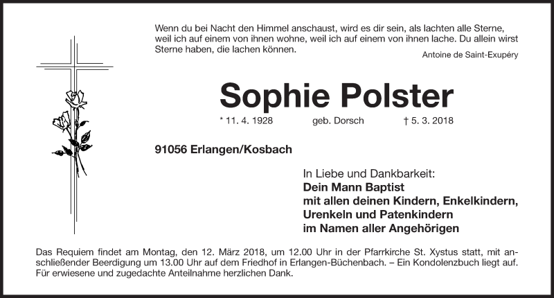  Traueranzeige für Sophie Polster vom 10.03.2018 aus Erlanger Nachrichten Lokal