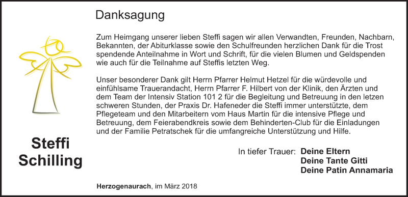  Traueranzeige für Steffi Schilling vom 21.03.2018 aus Nordbayerische Nachrichten Herzogenaurach Lokal