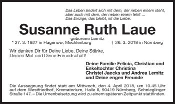 Traueranzeige von Susanne Ruth Laue von Gesamtausgabe Nürnberger Nachrichten/ Nürnberger Ztg.