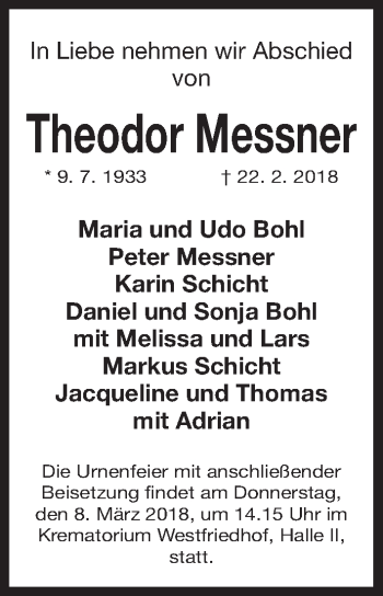 Traueranzeige von Theodor Messner von Gesamtausgabe Nürnberger Nachrichten/ Nürnberger Ztg.