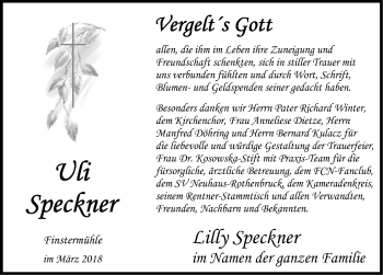 Traueranzeige von Uli Speckner von Nordbayerische Nachrichten Pegnitz Lokal