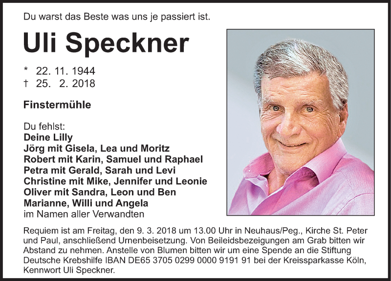  Traueranzeige für Uli Speckner vom 03.03.2018 aus Nordbayerische Nachrichten Pegnitz Lokal
