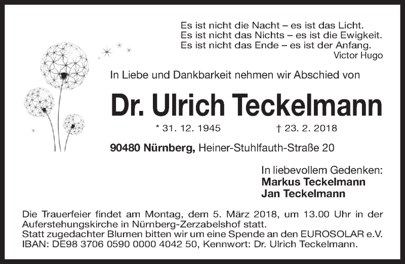  Traueranzeige für Ulrich Teckelmann vom 02.03.2018 aus Gesamtausgabe Nürnberger Nachrichten/ Nürnberger Ztg.
