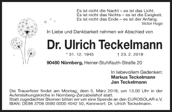 Traueranzeige von Ulrich Teckelmann von Gesamtausgabe Nürnberger Nachrichten/ Nürnberger Ztg.