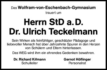 Traueranzeige von Ulrich Teckelmann von Schwabach