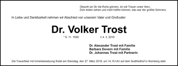 Traueranzeige von Volker Trost von Gesamtausgabe Nürnberger Nachrichten/ Nürnberger Ztg.