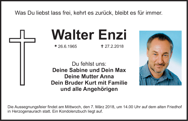 Traueranzeige für Walter Enzi vom 03.03.2018 aus Nordbayerische Nachrichten Herzogenaurach Lokal