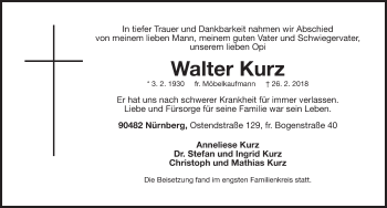 Traueranzeige von Walter Kurz von Gesamtausgabe Nürnberger Nachrichten/ Nürnberger Ztg.