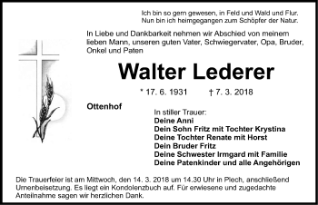 Traueranzeige von Walter Lederer von Nordbayerische Nachrichten Pegnitz Lokal