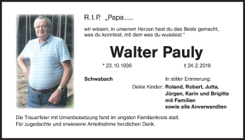 Traueranzeige von Walter Pauly von Schwabach