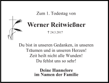 Traueranzeige von Werner Reitwießner von Erlanger Nachrichten Lokal