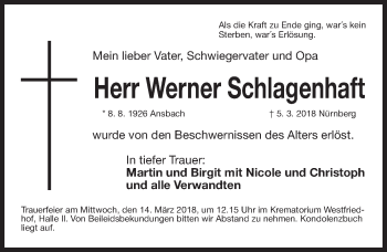 Traueranzeige von Werner Schlagenhaft von Gesamtausgabe Nürnberger Nachrichten/ Nürnberger Ztg.