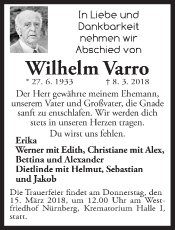 Traueranzeige von Wilhelm Varro von Gesamtausgabe Nürnberger Nachrichten/ Nürnberger Ztg.