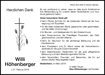 Traueranzeige von Willi Höhenberger von Altmühl-Bote Lokal