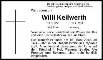 Traueranzeige von Willi Keilwerth von Gesamtausgabe Nürnberger Nachrichten/ Nürnberger Ztg.