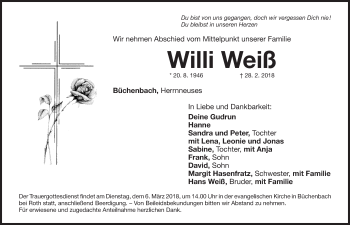 Traueranzeige von Willi Weiß von Schwabach