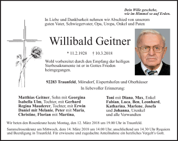 Traueranzeige von Willibald Geitner von Neumarkter Nachrichten Lokal