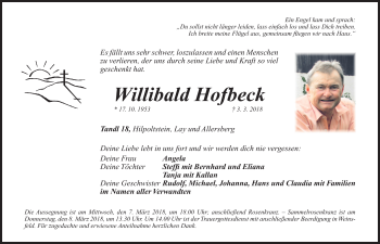 Traueranzeige von Willibald Hofbeck von Roth-Hilpoltsteiner Volkszeitung Lokal
