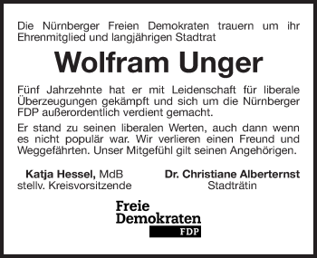 Traueranzeige von Wolfram Unger von Gesamtausgabe Nürnberger Nachrichten/ Nürnberger Ztg.