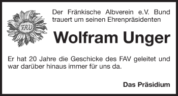 Traueranzeige von Wolfram Unger von Gesamtausgabe Nürnberger Nachrichten/ Nürnberger Ztg.