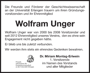 Traueranzeige von Wolfram Unger von Gesamtausgabe Nürnberger Nachrichten/ Nürnberger Ztg.