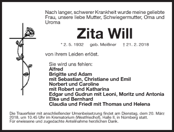 Traueranzeige von Zita Will von Gesamtausgabe Nürnberger Nachrichten/ Nürnberger Ztg.
