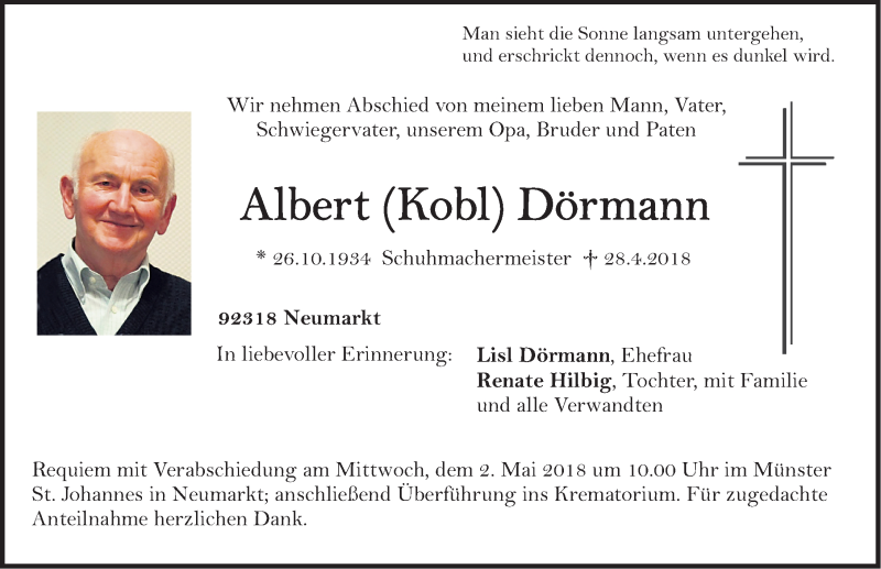 Traueranzeigen Von Albert Dörmann | Trauer.nn.de