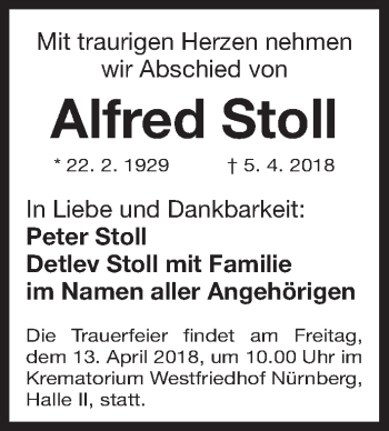 Traueranzeige von Alfred Stoll von Gesamtausgabe Nürnberger Nachrichten/ Nürnberger Ztg.