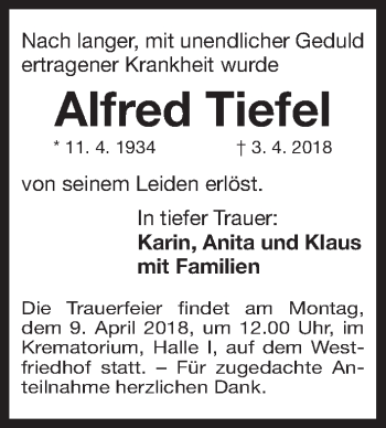 Traueranzeige von Alfred Tiefel von Gesamtausgabe Nürnberger Nachrichten/ Nürnberger Ztg.