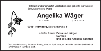Traueranzeige von Angelika Wäger von Gesamtausgabe Nürnberger Nachrichten/ Nürnberger Ztg.