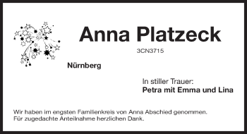 Traueranzeige von Anna Platzeck von Gesamtausgabe Nürnberger Nachrichten/ Nürnberger Ztg.