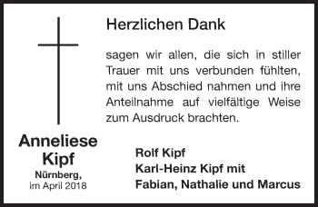 Traueranzeige von Anneliese Kipf von Gesamtausgabe Nürnberger Nachrichten/ Nürnberger Ztg.