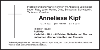 Traueranzeige von Anneliese Kipf von Gesamtausgabe Nürnberger Nachrichten/ Nürnberger Ztg.