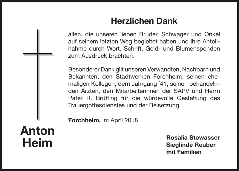  Traueranzeige für Anton Heim vom 14.04.2018 aus Nordbayerische Nachrichten Forchheim Lokal