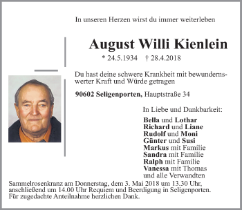 Traueranzeige von August Willi Kienlein  von Roth-Hilpoltsteiner Volkszeitung Lokal