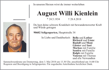 Traueranzeige von August Willi Kienlein  von Neumarkter Nachrichten Lokal