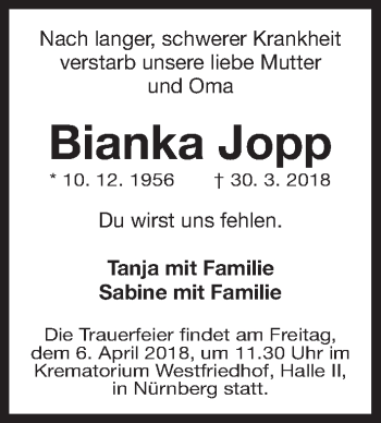 Traueranzeige von Bianka Jopp von Gesamtausgabe Nürnberger Nachrichten/ Nürnberger Ztg.