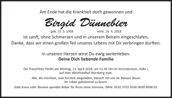 Traueranzeige von Birgid Dünnebier von Gesamtausgabe Nürnberger Nachrichten/ Nürnberger Ztg.