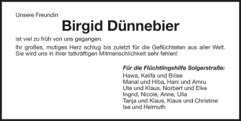 Traueranzeige von Birgid Dünnebier von Gesamtausgabe Nürnberger Nachrichten/ Nürnberger Ztg.