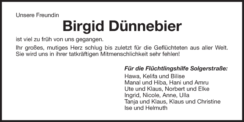  Traueranzeige für Birgid Dünnebier vom 20.04.2018 aus Gesamtausgabe Nürnberger Nachrichten/ Nürnberger Ztg.